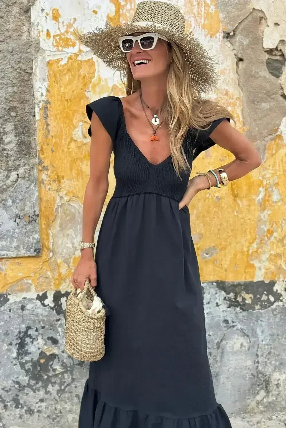 Black V Neck Flutter Sleeve Smocked Bodice High Waist Ruffle Maxi Dress - Femstylo