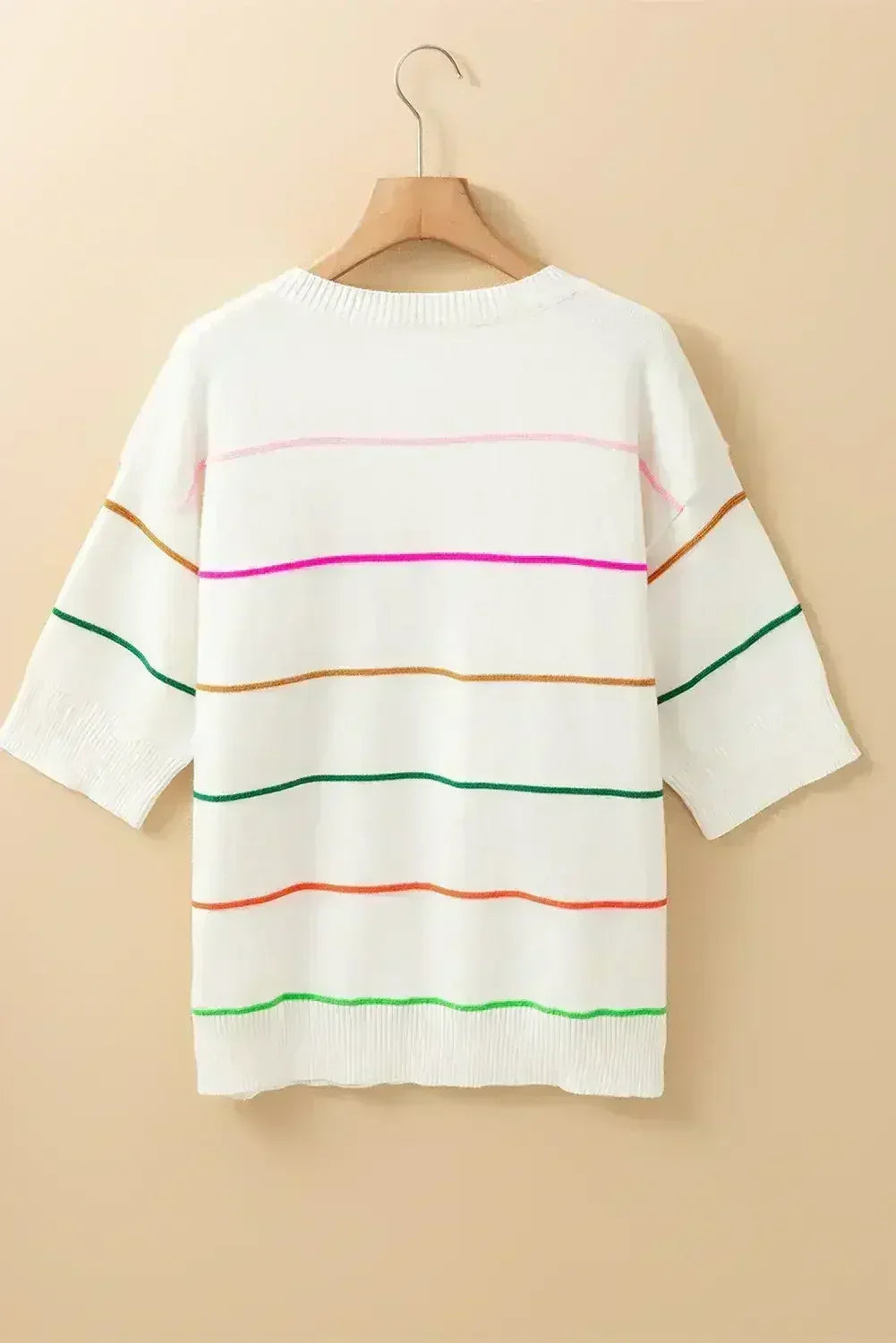 White Striped Half Sleeve Drop Shoulder Sweater - Femstylo