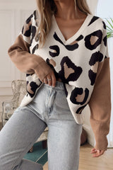 Jet Stream Leopard Print Colorblock Patchwork Sleeve V Neck Sweater