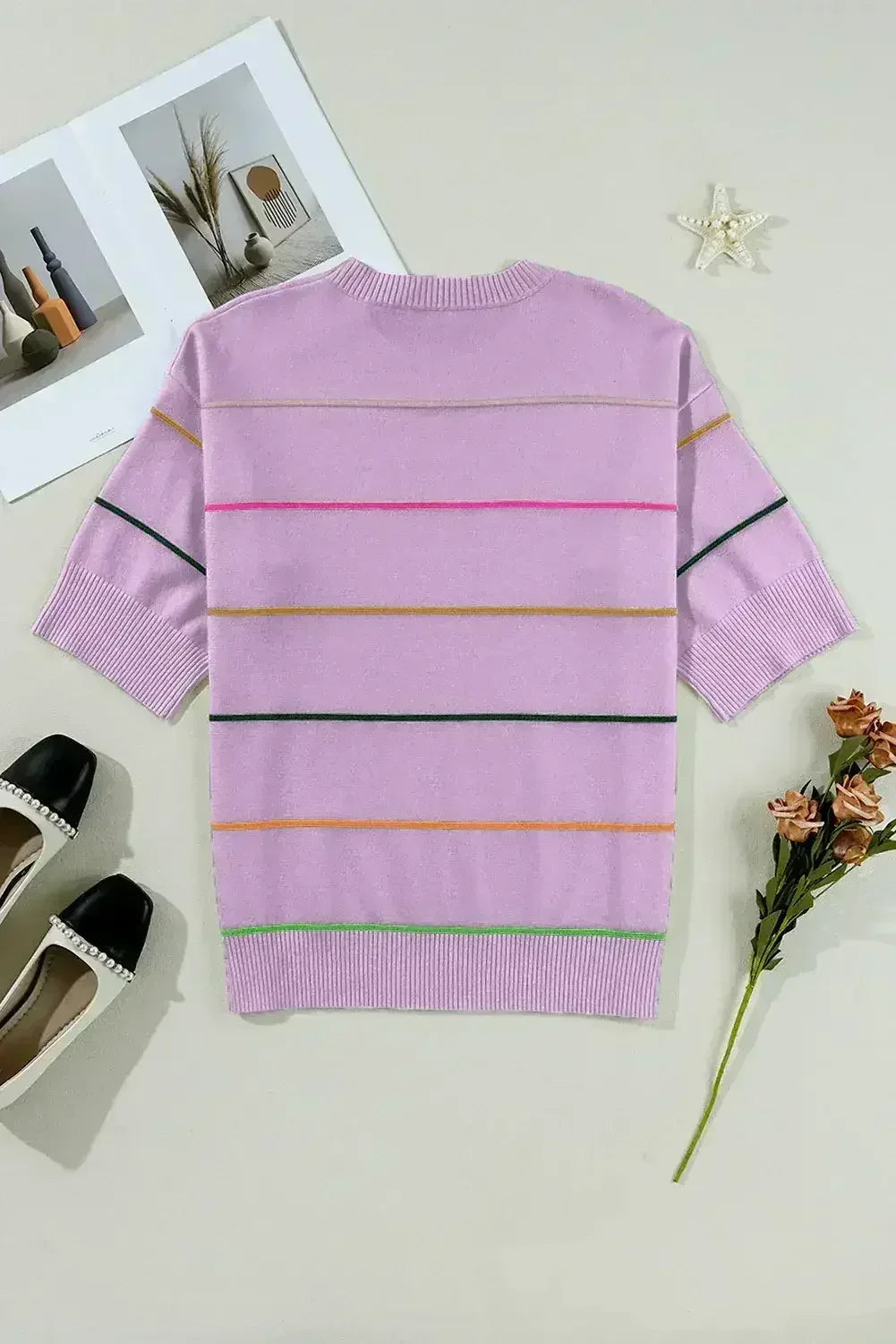 White Striped Half Sleeve Drop Shoulder Sweater - Femstylo