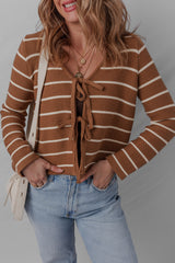 Chestnut Tie Front Striped Knit V Neck Cardigan Sweater