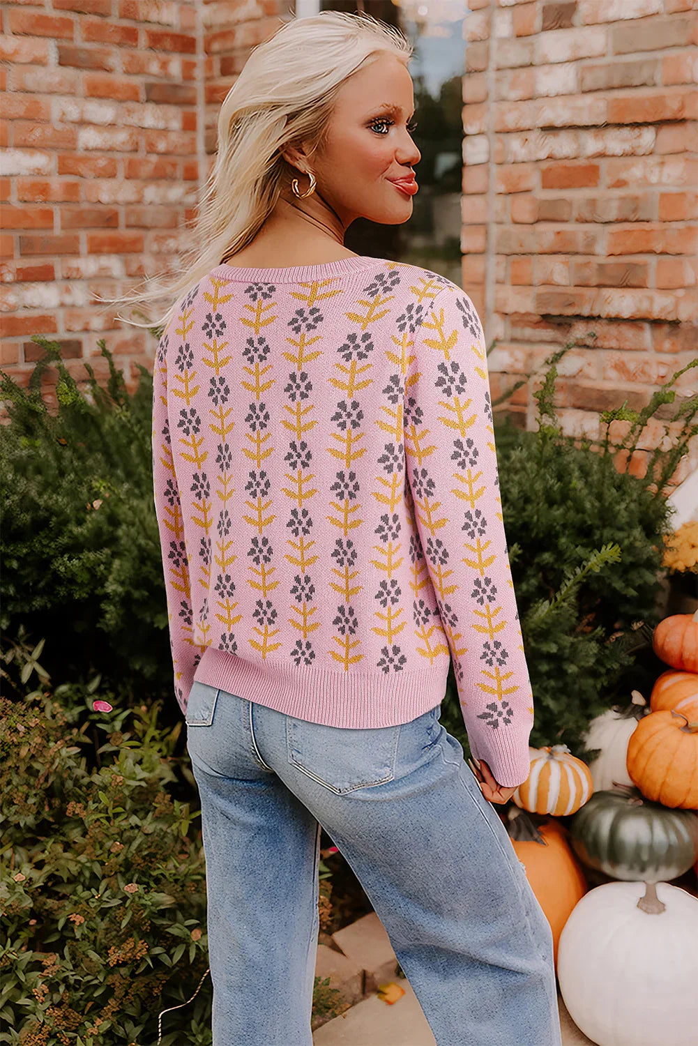 Pink Floral Button Down Ribbed Trim Knit Cardigan