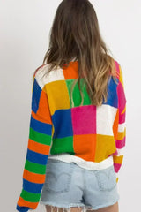 Orange Checkered Color Block Round Neck Loose Sweater - Femstylo
