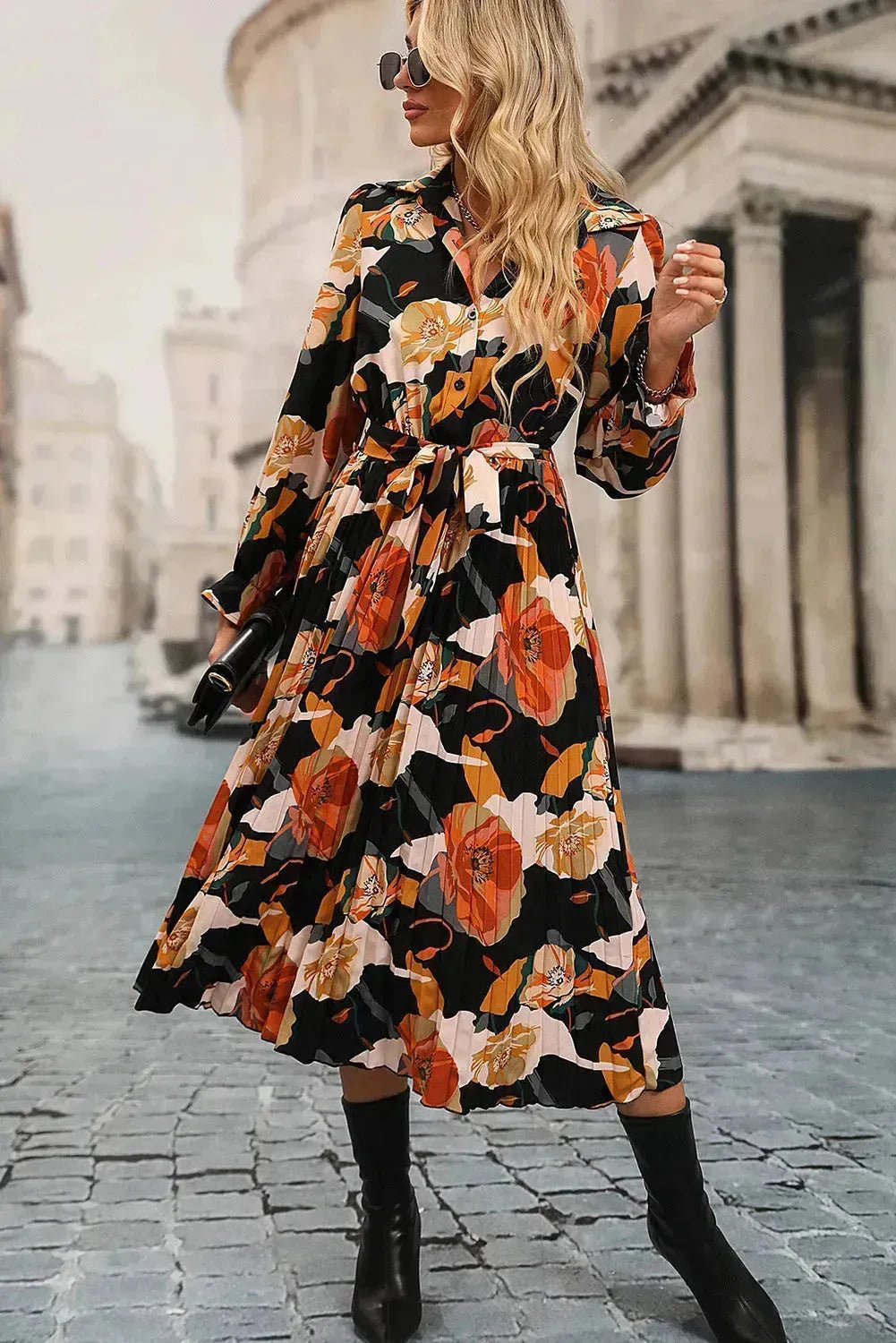 Floral Pleated Shirt Dress - Waist Tie Midi Dress | Femstylo