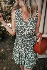 Green Boho Floral Print V Neck Knot Waist Sleeveless Dress - Femstylo