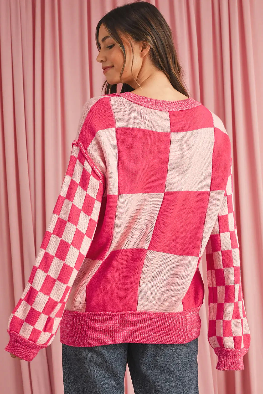 Rose Red Checkered Drop Sleeve Knit Sweater