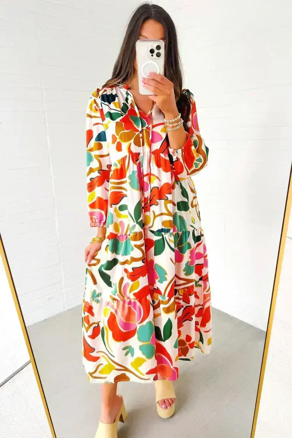 Orange Abstract Tie V Neck Tiered Maxi Dress - Femstylo