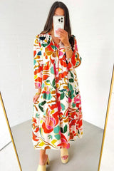 Orange Abstract Tie V Neck Tiered Maxi Dress - Femstylo