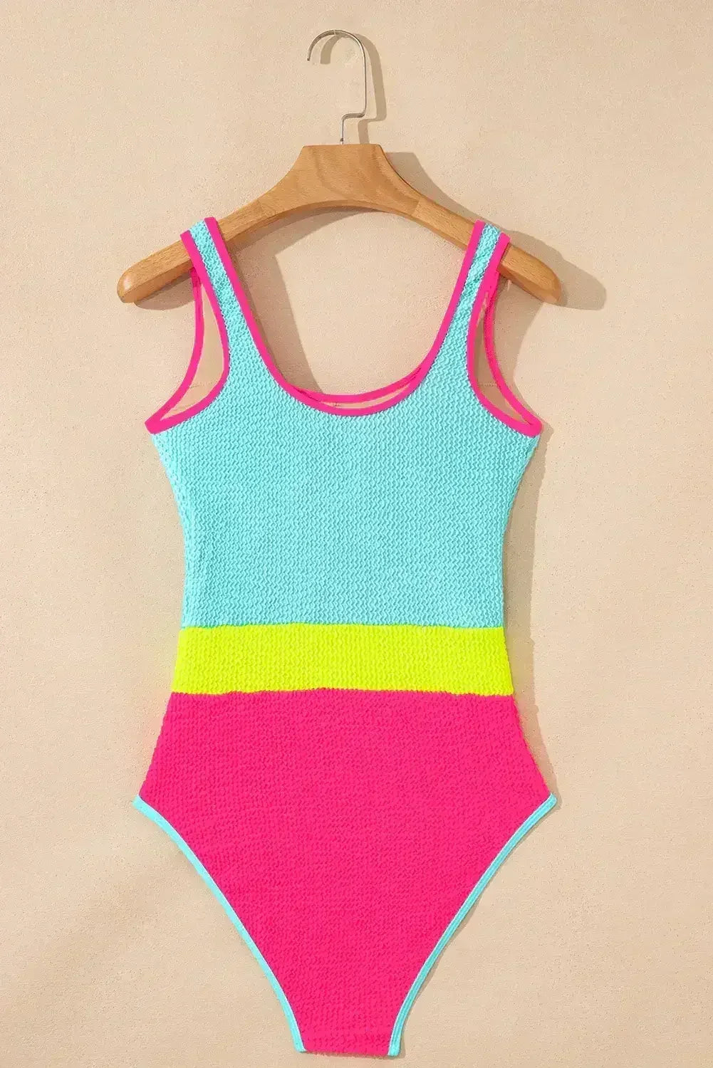 Rose Red Textured Colorblock One Piece Swimsuit - Femstylo