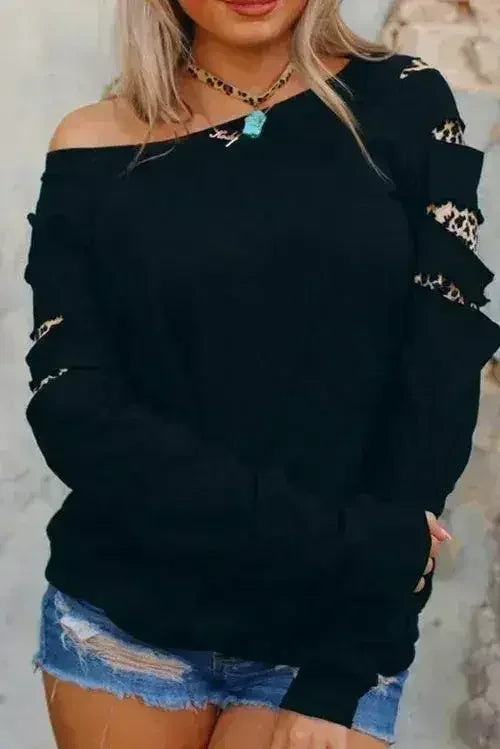 Womens Leopard Insert Long Sleeve Black Sweatshirt - Femstylo