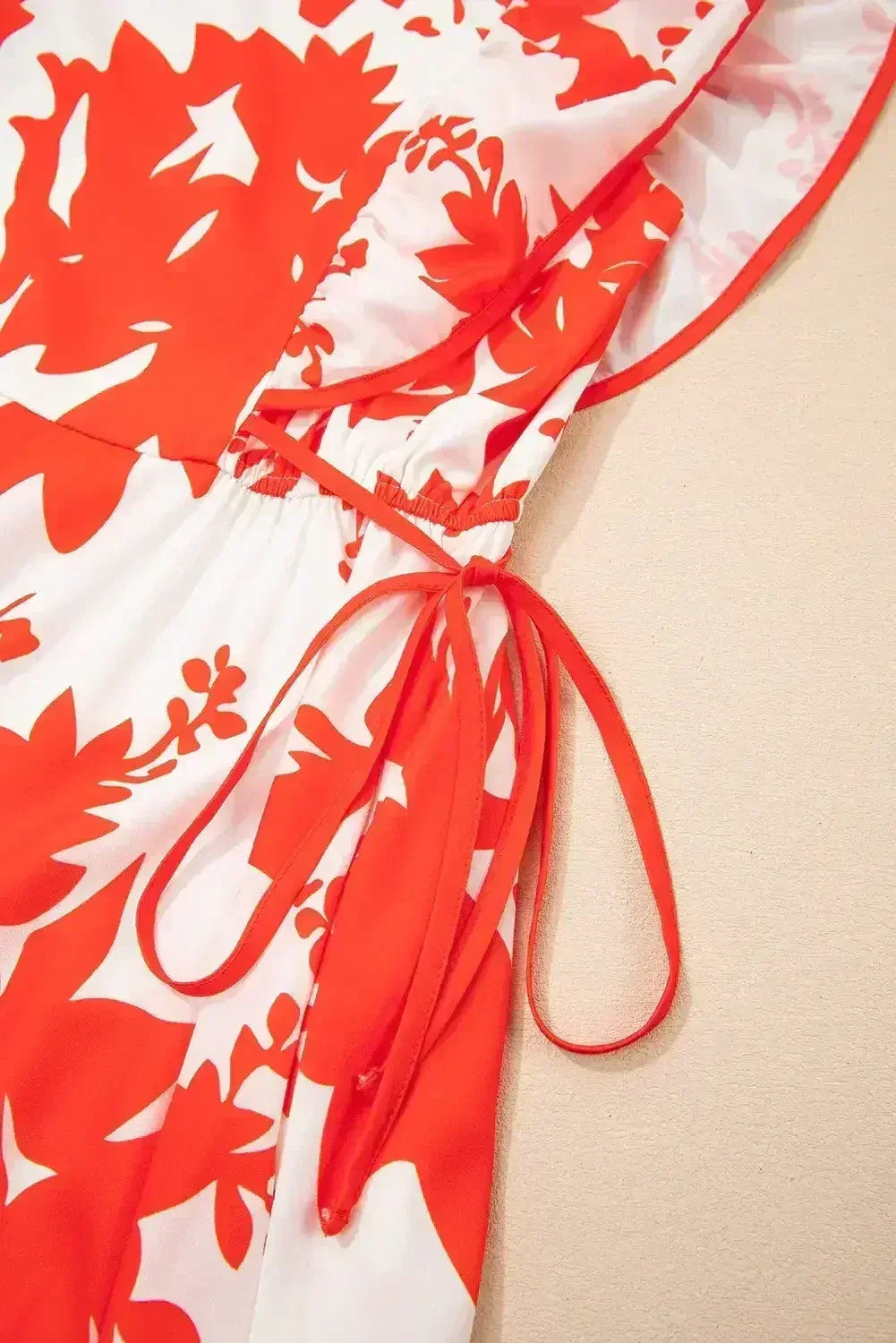 Red Floral Print Trimmed V Neck Ruffle Sleeve Maxi Dress - Femstylo