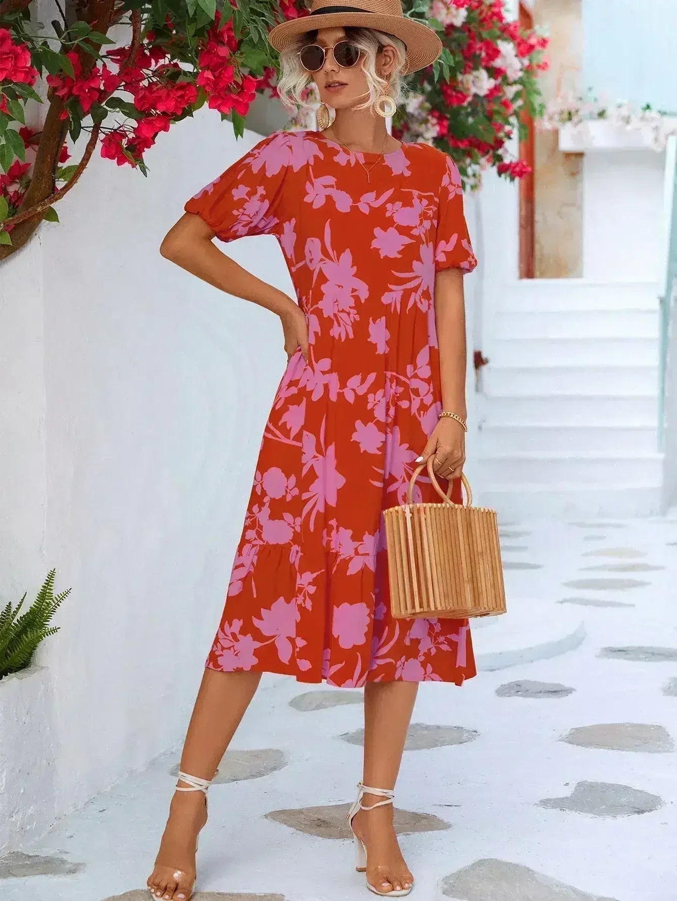 Floral Puff Sleeve Ruffle Hem Midi Dress - Femstylo