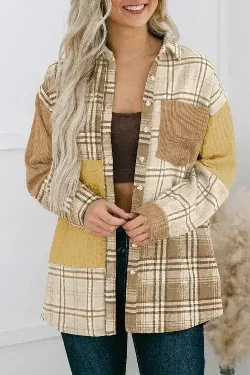 Plaid Color Block Patchwork Shirt Jacket with Pocket - Femstylo