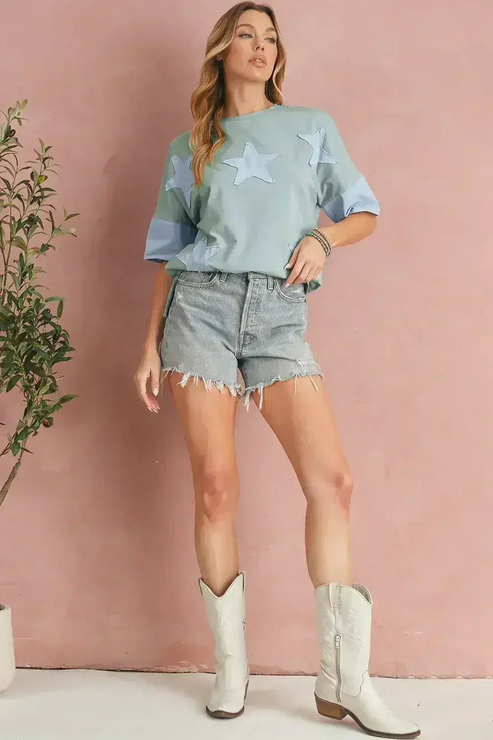 Aruba Blue Frayed Star Patched 4th of July Oversize T Shirt - Femstylo