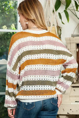Multicolor Striped Hollowed Knitted Loose Sweater - Femstylo