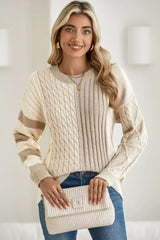 Khaki Cable Knit Colorblock Crew Neck Drop Shoulder Sweater - Femstylo