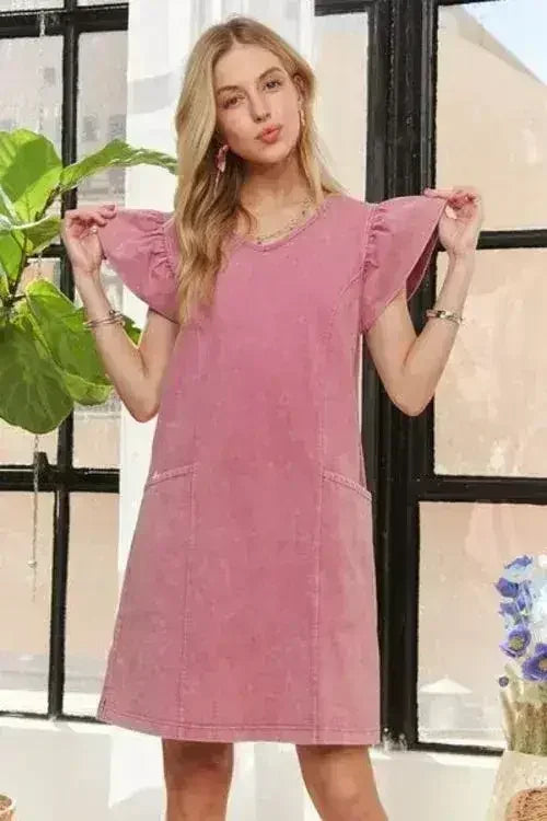 ADORA Mineral Washed V-Neck Ruffled Cap Sleeve Dress - Femstylo