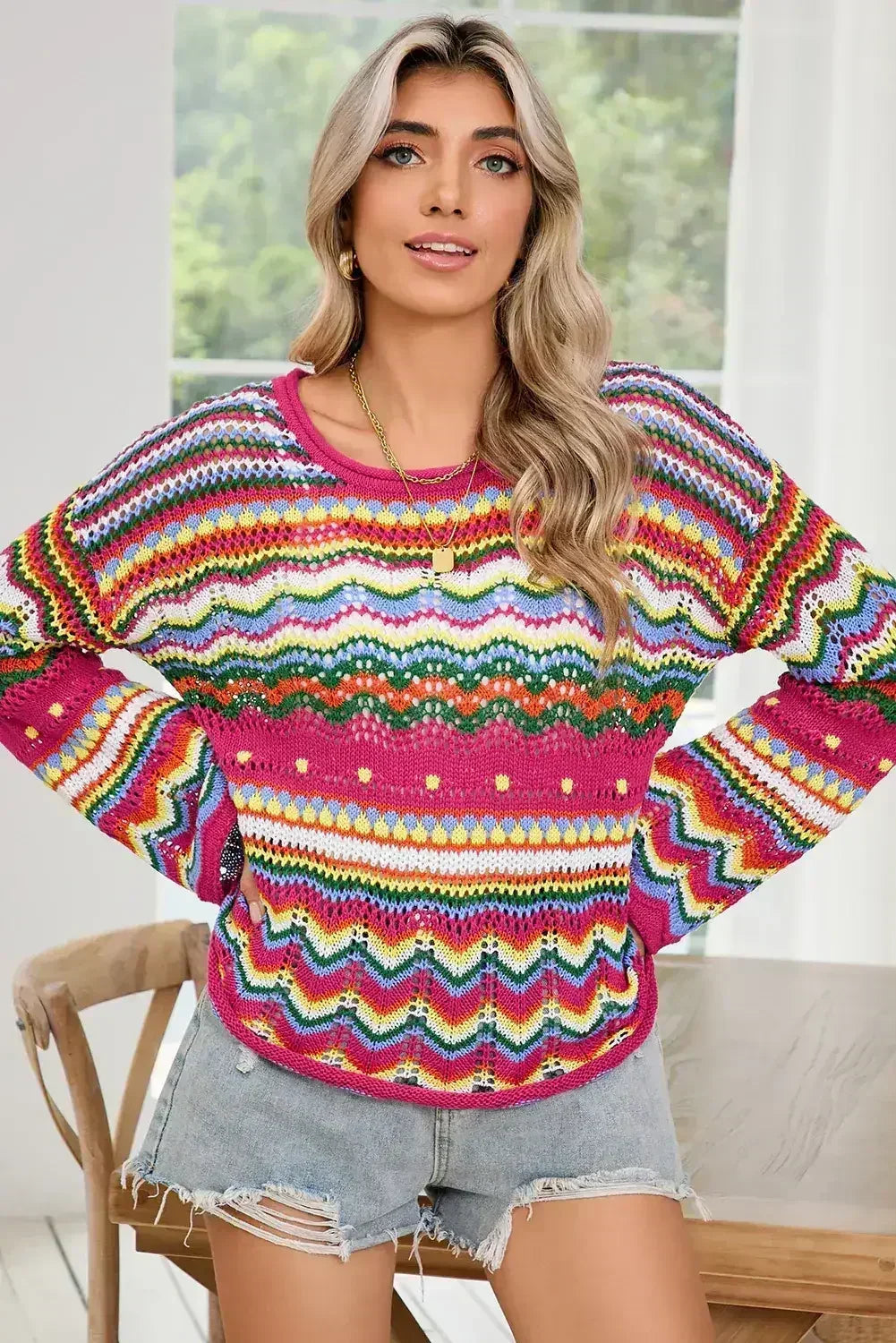 Rose Red Colorblock Striped Hollowed Knit Loose Sweater - Femstylo