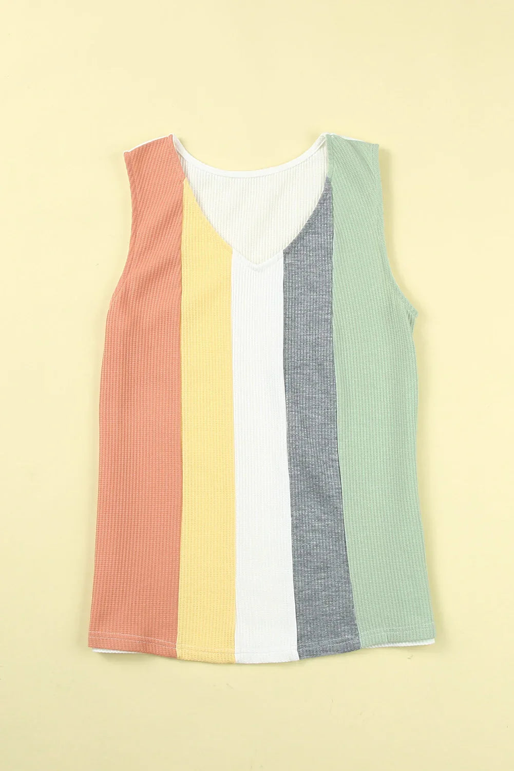 Multicolor Color Block Casual V Neck Waffle Knit Tank Top