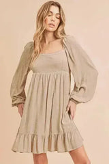Aemi + Co Ruffled Hem Square Neck Balloon Sleeve Mini Dress - Femstylo