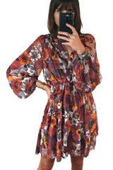 Red Floral Print Wrap V Neck Puff Sleeve Flowy Mini Dress