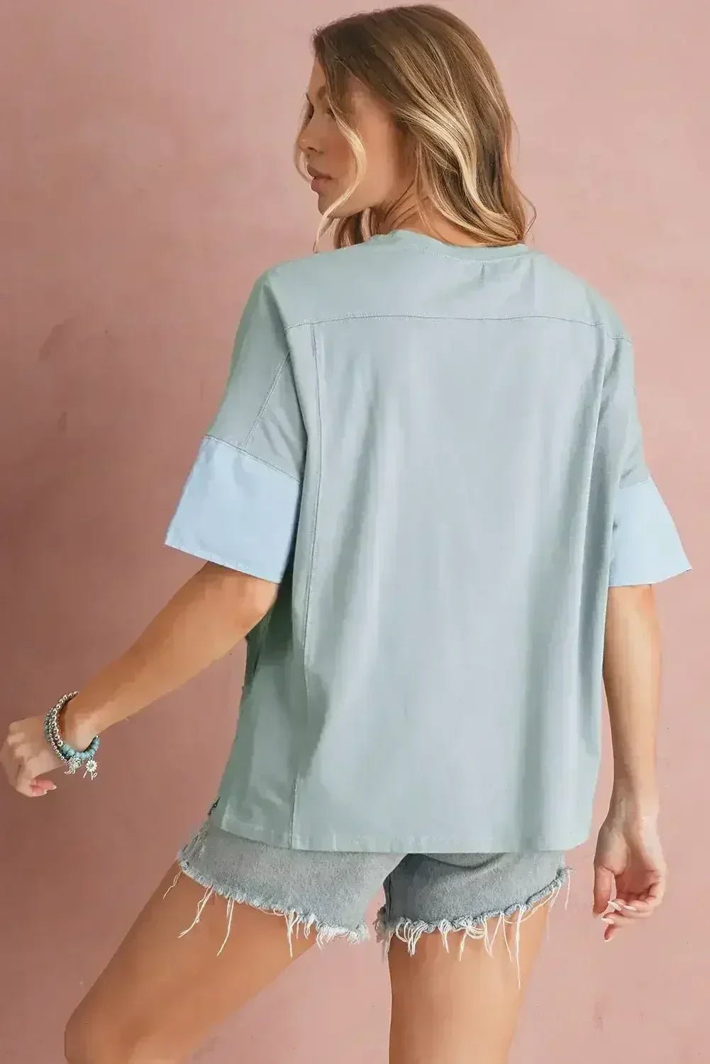 Aruba Blue Frayed Star Patched 4th of July Oversize T Shirt - Femstylo