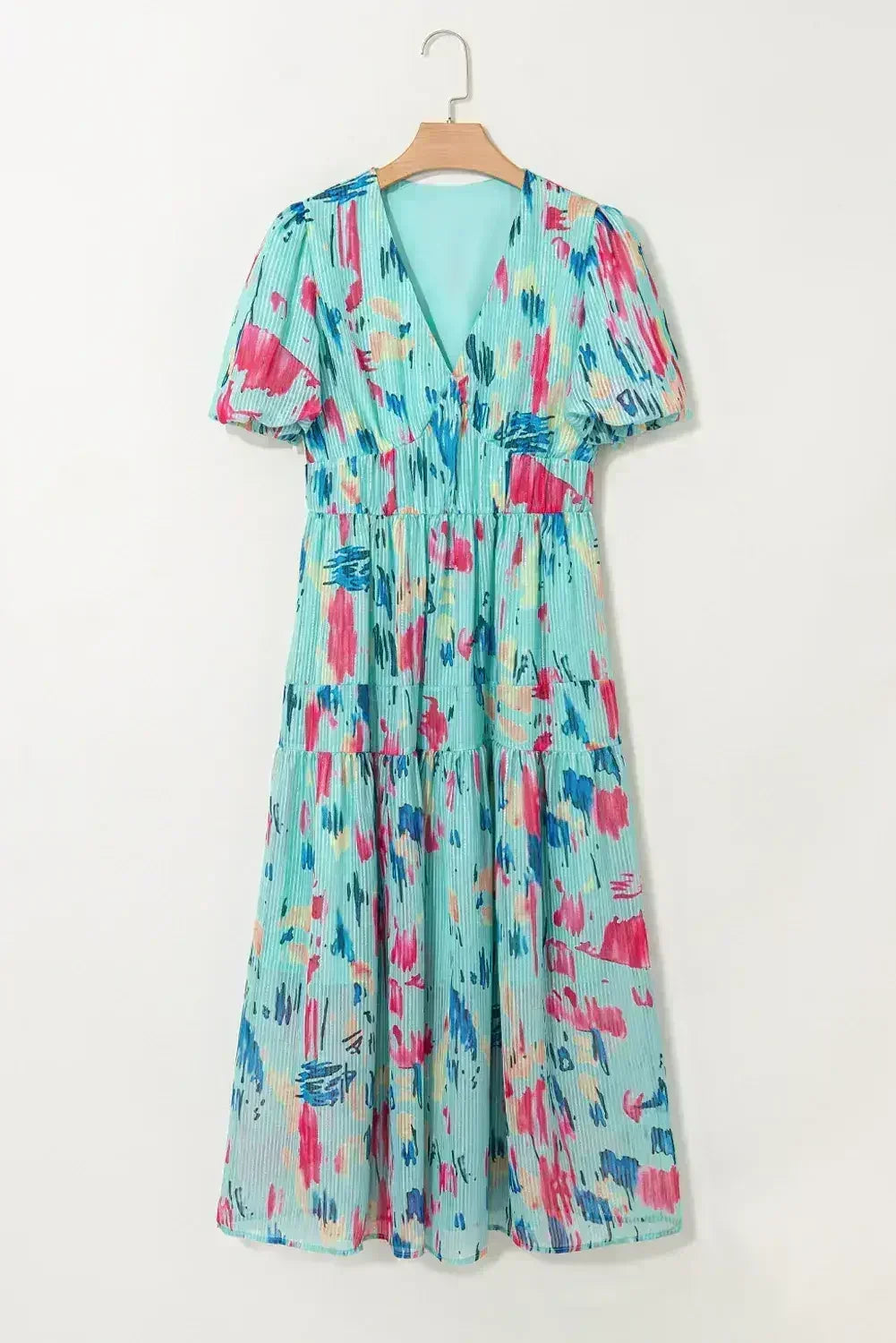 Sky Blue Abstract Print Short Puff Sleeve Tiered Maxi Dress - Femstylo