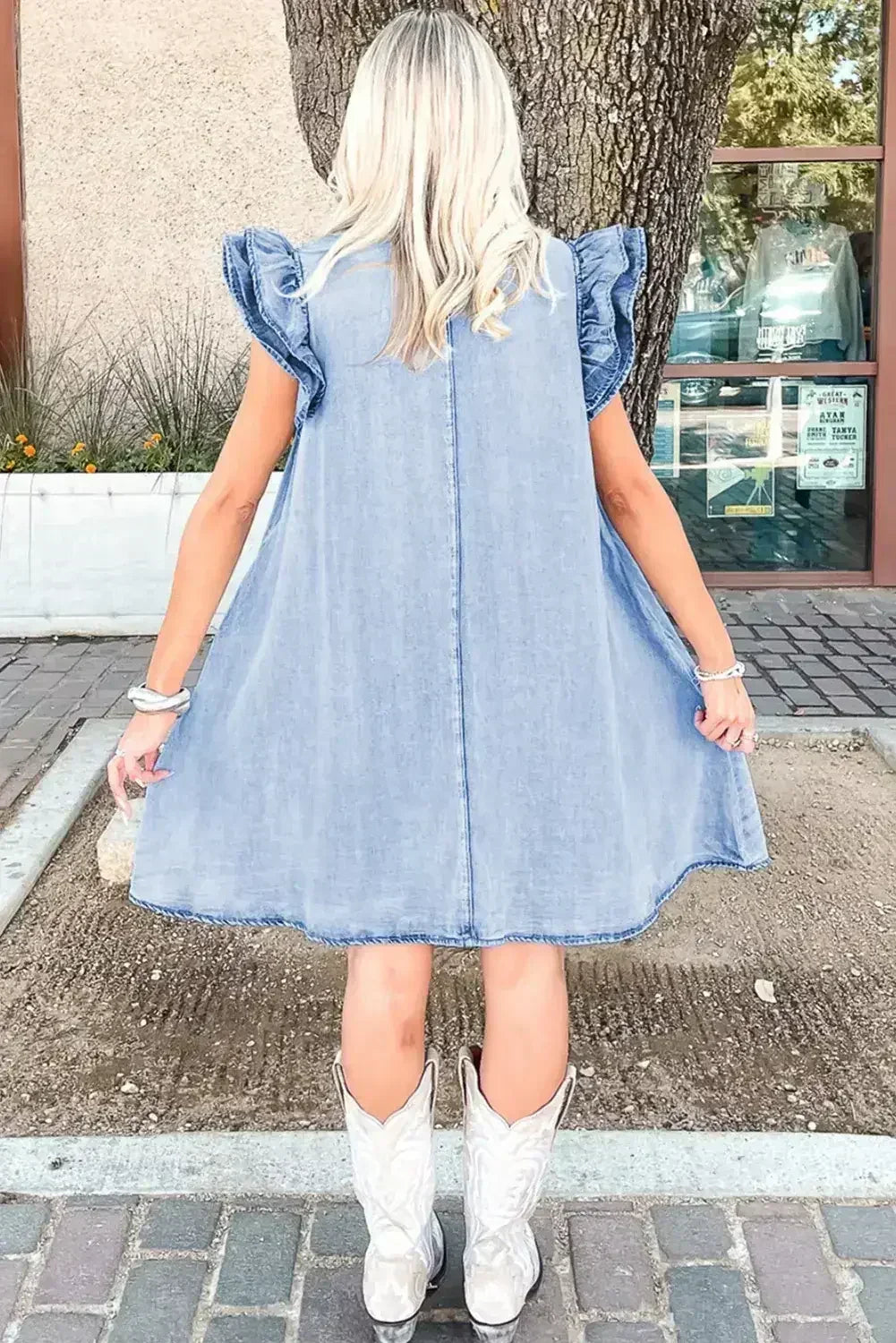 Beau Blue Ruffle Sleeve Button Down A-line Mini Denim Dress - Femstylo