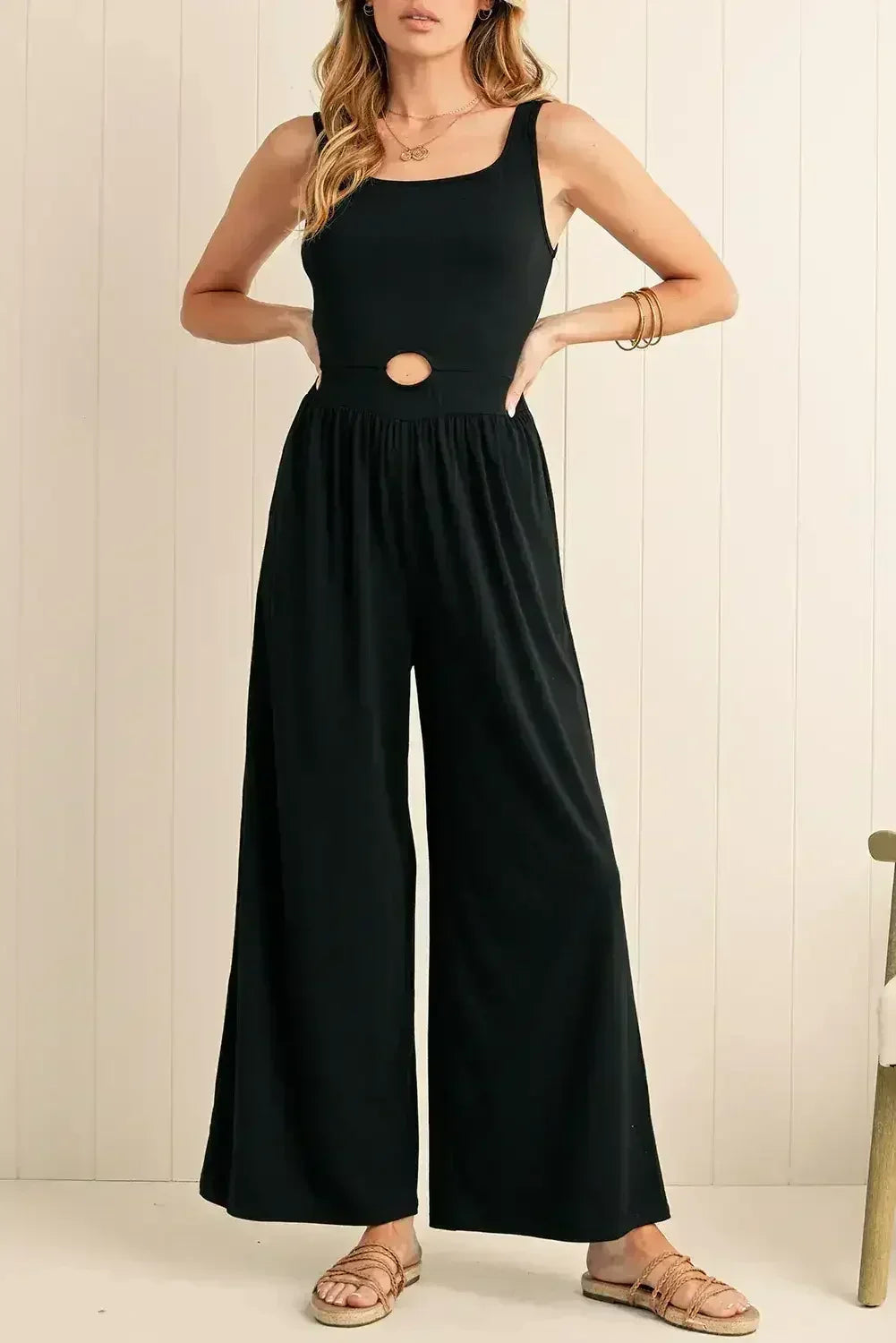 Black Solid Color Cutout Wide Leg Jumpsuit - Femstylo