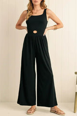 Black Solid Color Cutout Wide Leg Jumpsuit - Femstylo