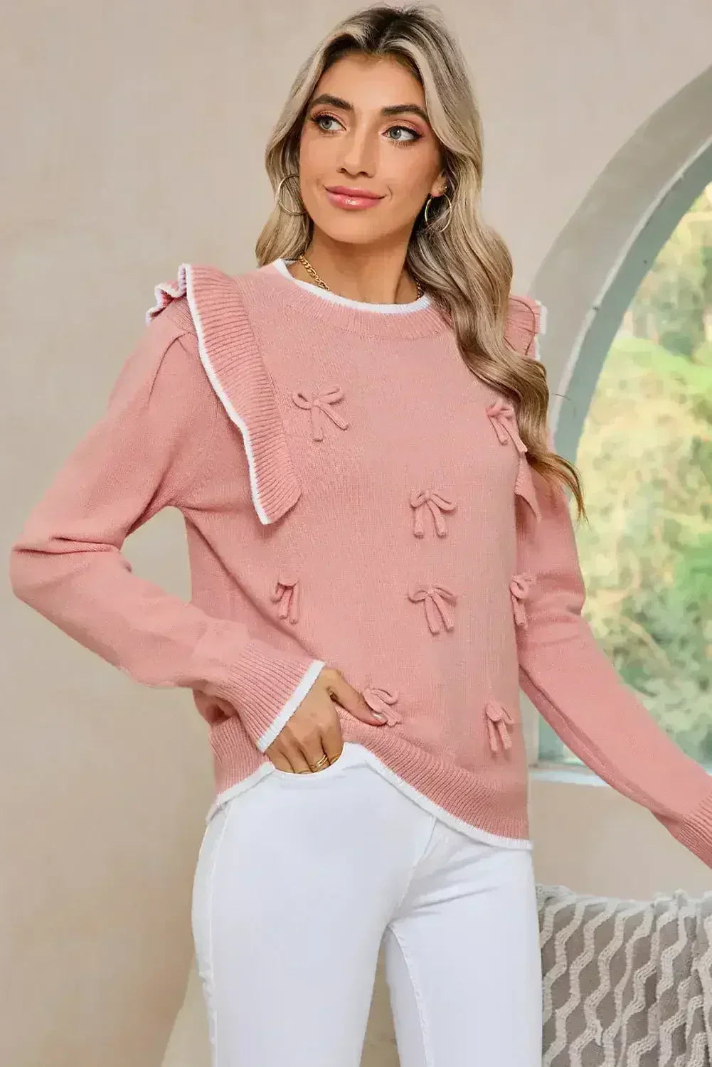 Light Pink Bow Detail Contrast Trim Ruffle Sweater - Femstylo