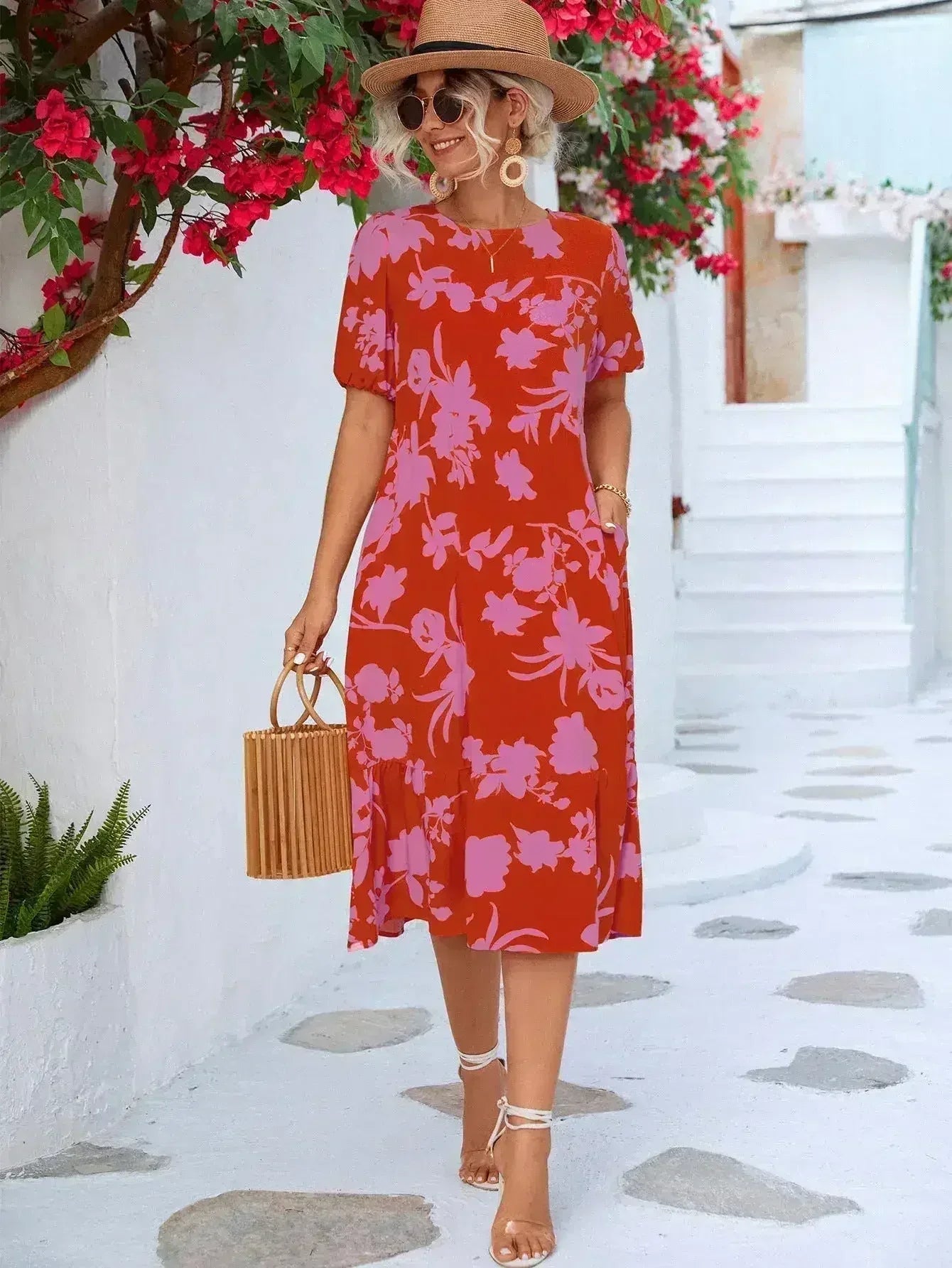 Floral Puff Sleeve Ruffle Hem Midi Dress - Femstylo