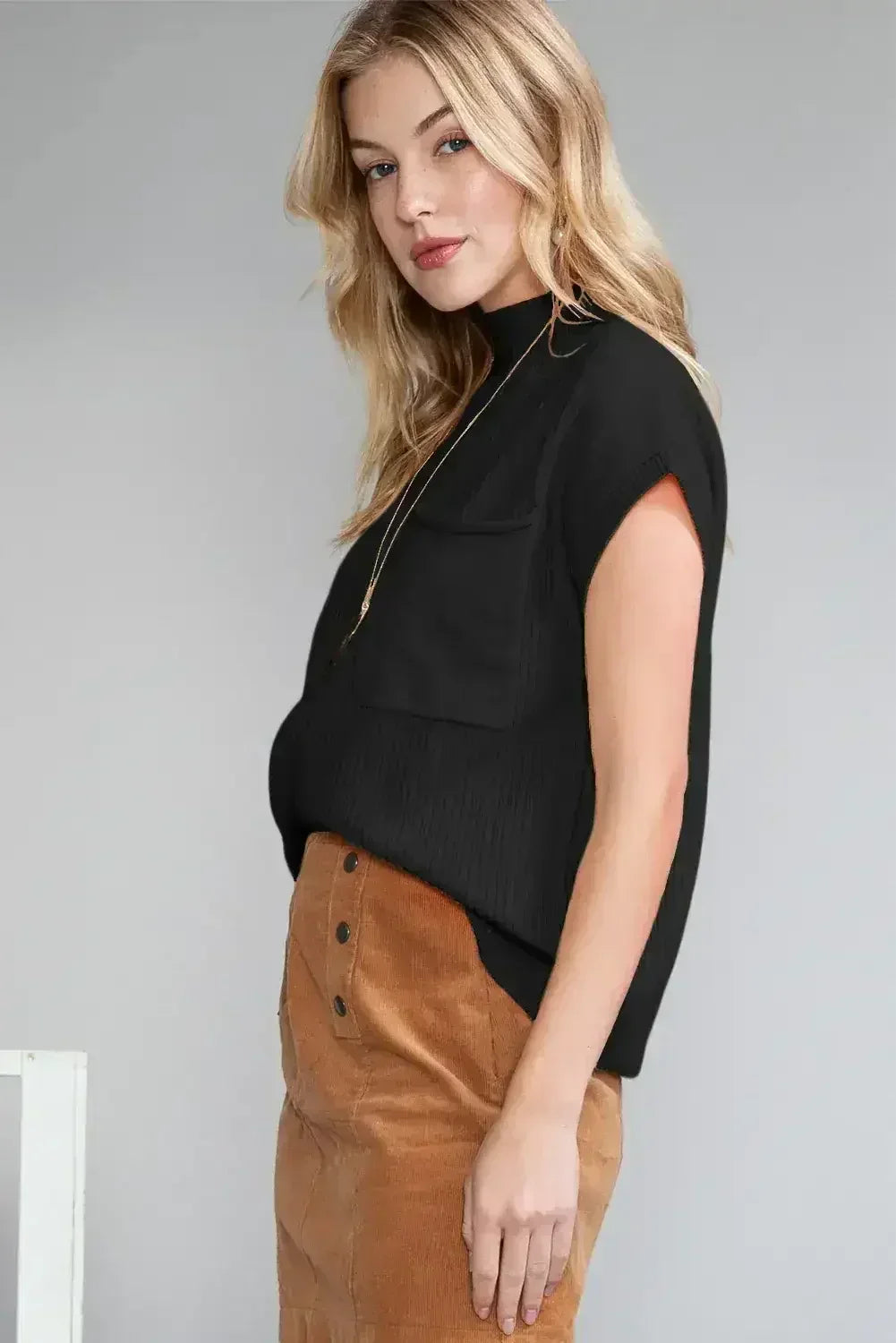 Mineral Red Patch Pocket Ribbed Knit Short Sleeve Sweater - Femstylo