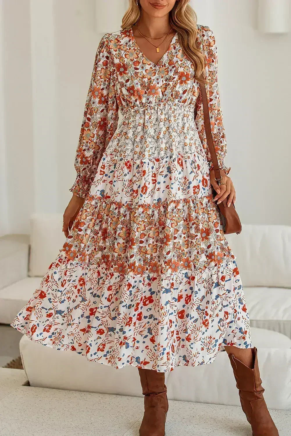Khaki Floral Print Ruffled Tiered Long Sleeve V Neck Midi Dress - Femstylo