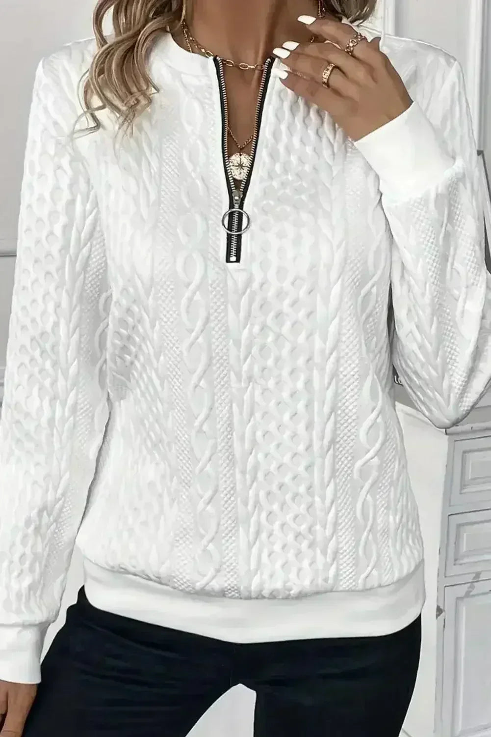 White Casual Zipper Pullover Sweater - Femstylo