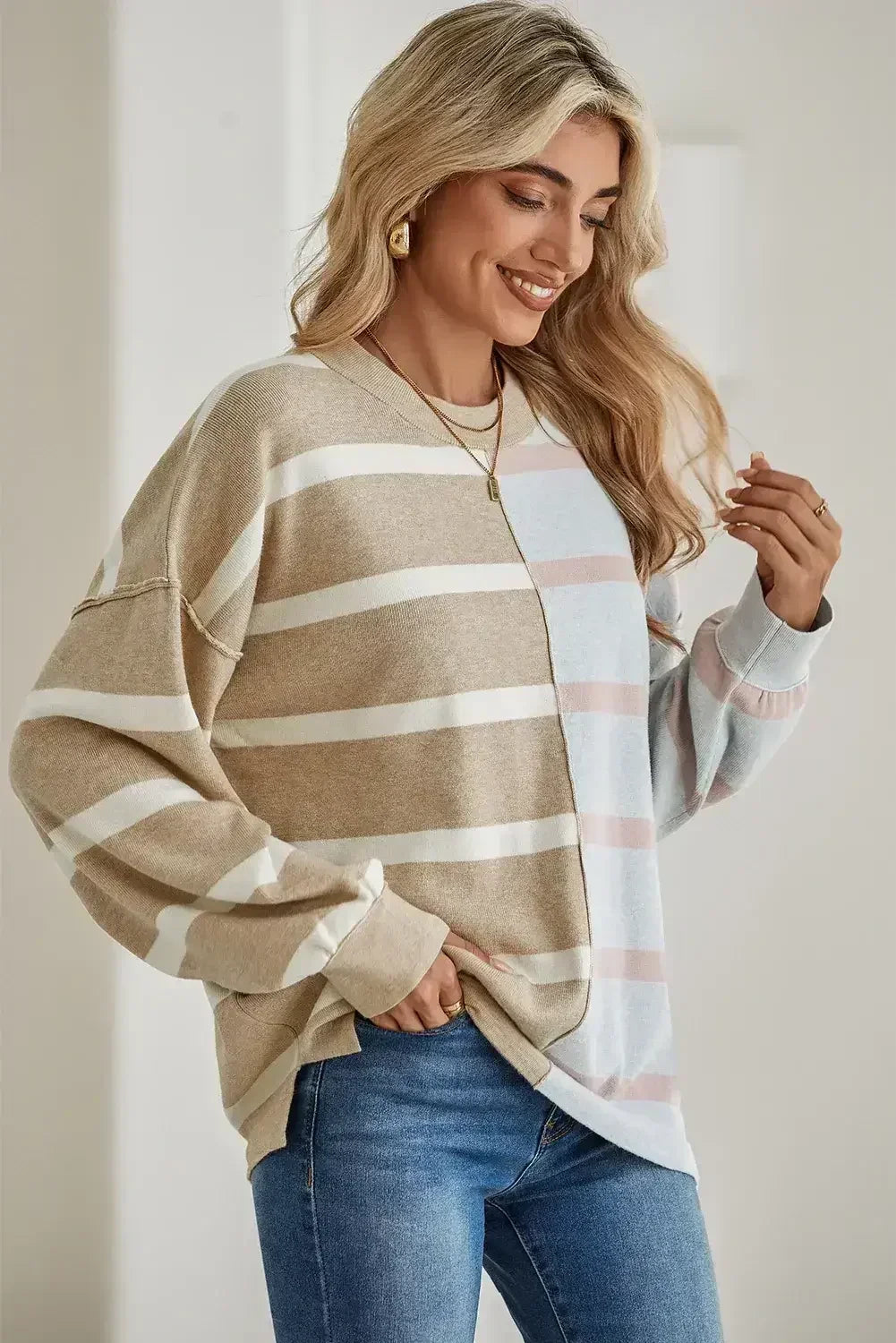 Pink Striped Patchwork Drop Shoulder Sweater - Femstylo
