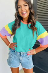 Light Blue Color Block Sleeve Round Neck Oversize Top - Femstylo