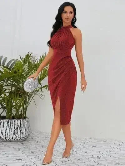 Slit Ruched Mock Neck Sleeveless Dress - Femstylo