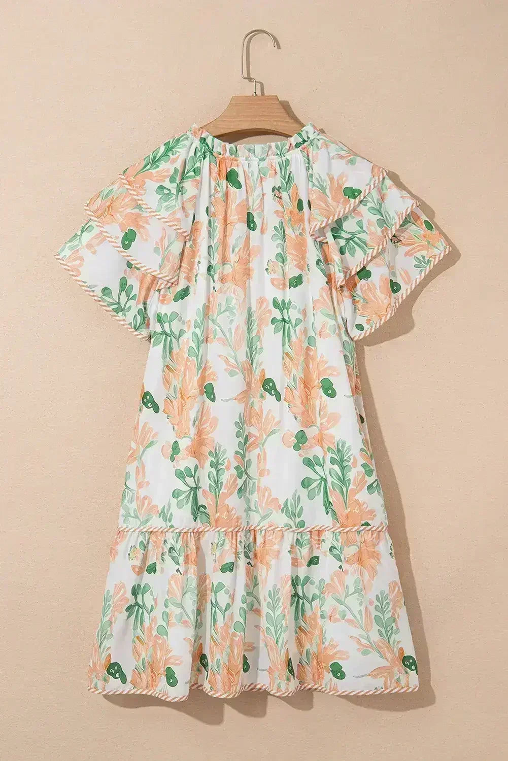 Sky Blue Floral Contrast Edge Ruffle Sleeve Tie Neck Mini Dress - Femstylo