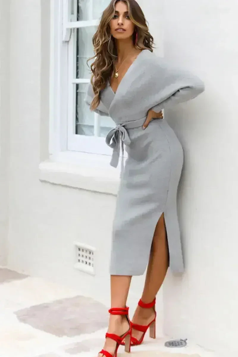 Surplice Neck Bow Waist Slit Sweater Dress - Femstylo