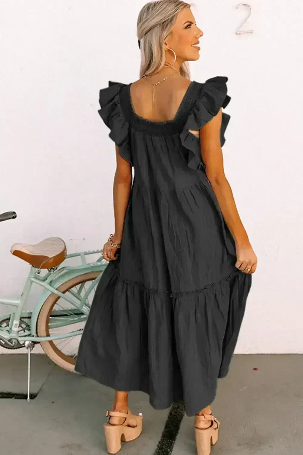 Purple Ruffled Flutter Sleeve Square Neck Textured Tiered Maxi Dress - Femstylo