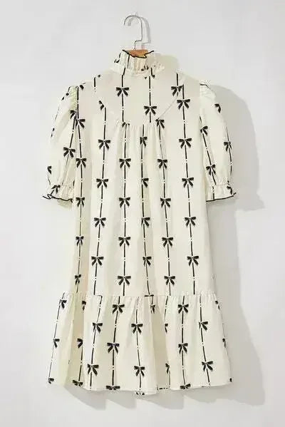 Frill Bow Print Notched Short Sleeve Mini Dress - Femstylo