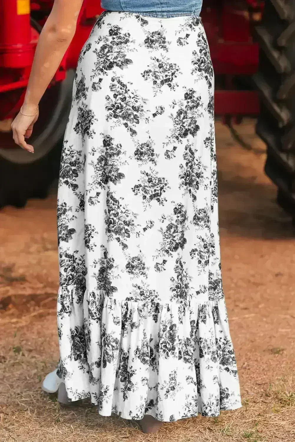Sky Blue Boho Floral High Waist Ruffle Split Maxi Skirt - Femstylo