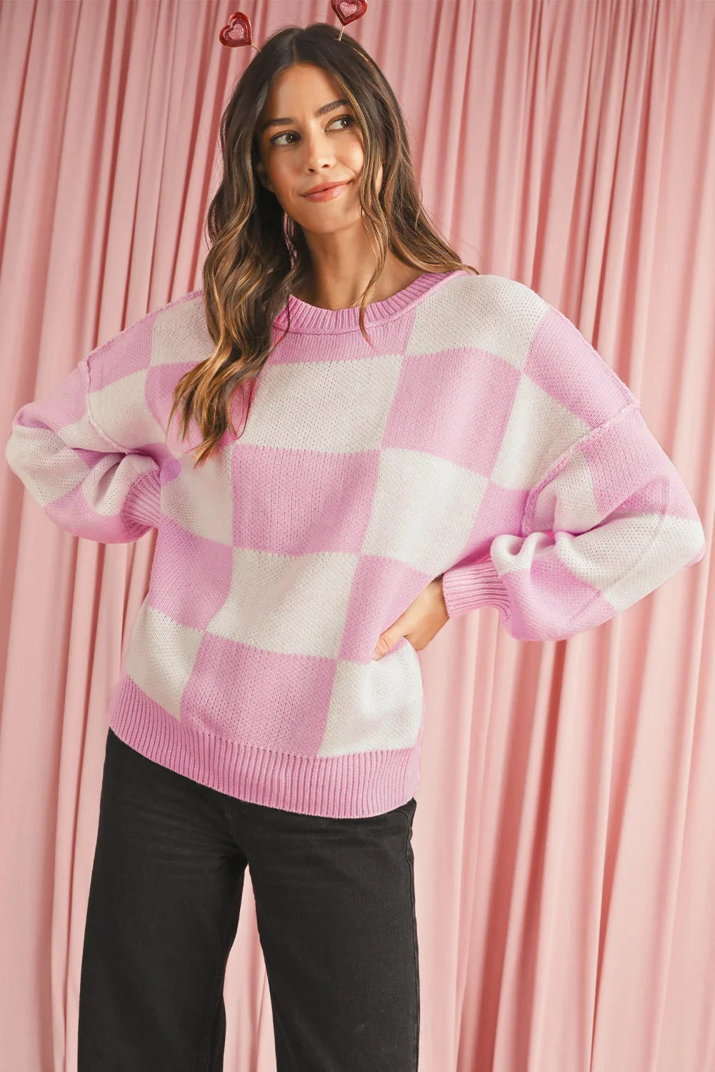 Dark Brown Plaid Bishop Sleeve Pullover Sweater