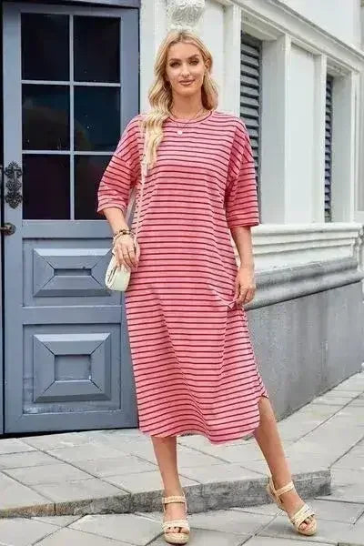 Lovelet Contrast Striped Half Sleeve Midi Tee Dress - Femstylo