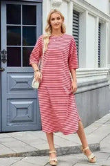 Lovelet Contrast Striped Half Sleeve Midi Tee Dress - Femstylo