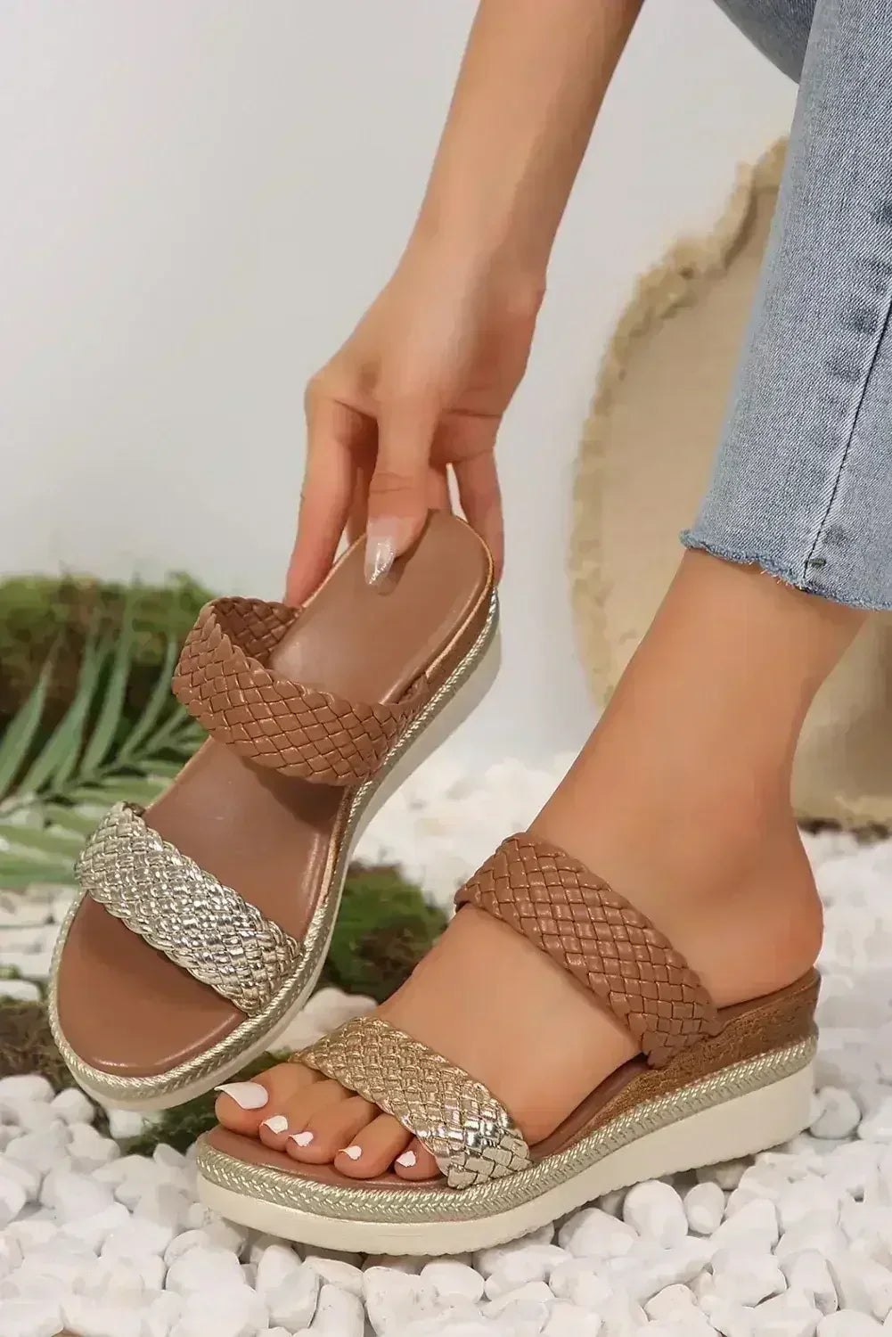 Gold Woven Two Band Color Block Wedge Slippers - Femstylo