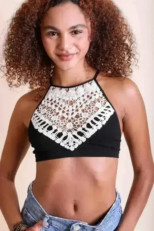 Crochet Lace High Neck Bralette – Halter Style with Cross-Back - Femstylo