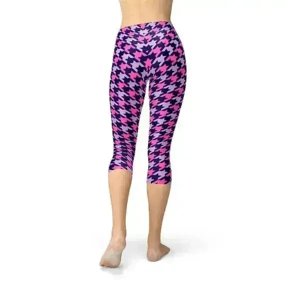 Houndstooth Pink Purple Capri Leggings - Femstylo