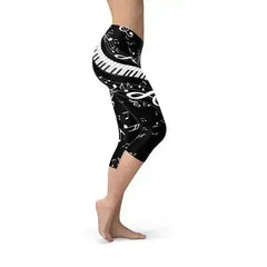 Womens Piano Notes Black Capri Leggings - Femstylo